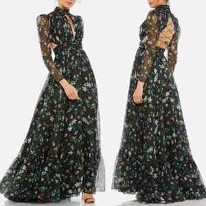 Sz 10 Mac Duggal dark floral long sleeve chiffon gown - NEVER WORN